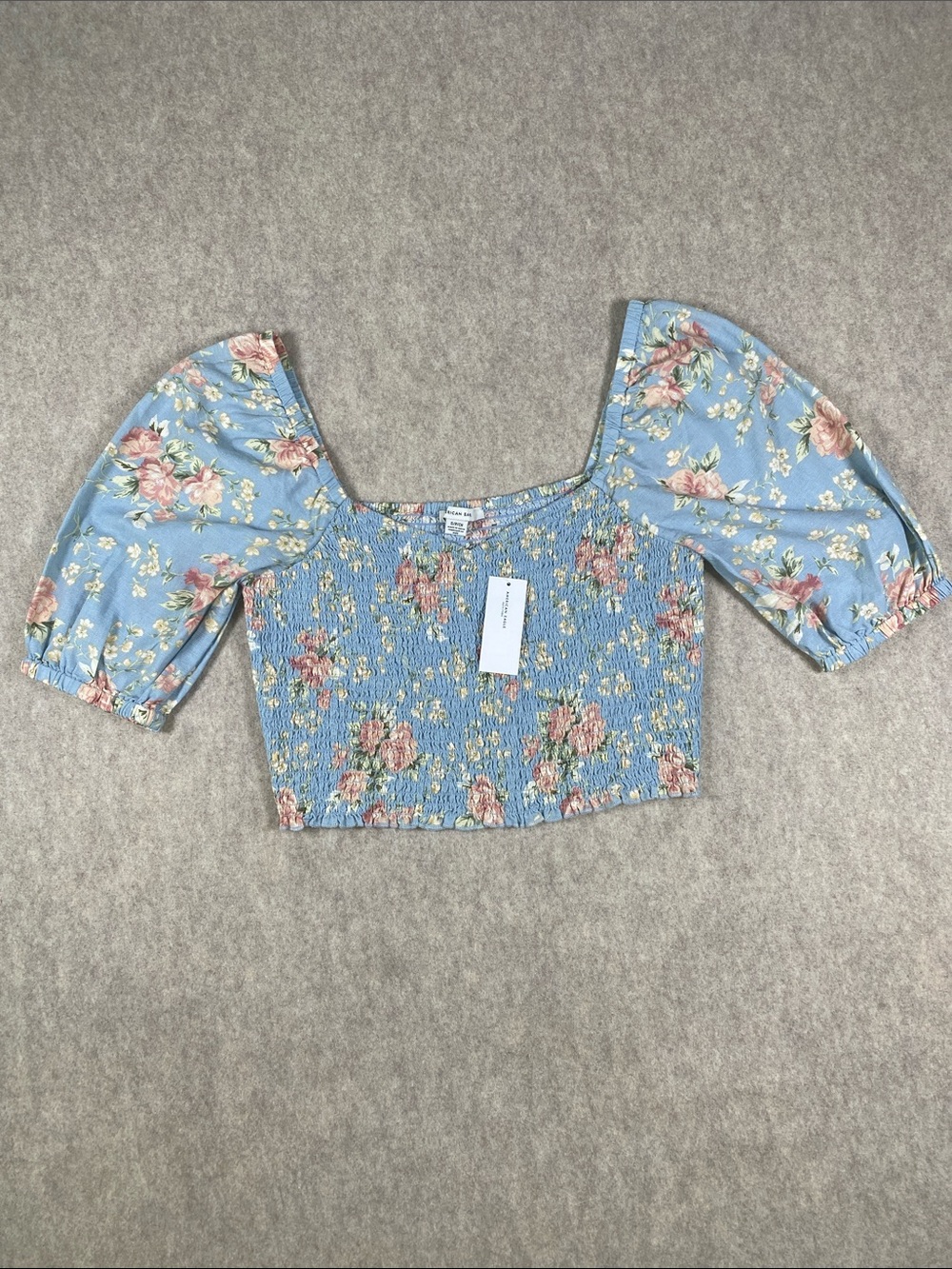 NWT American Eagle Blue Floral Smocked Puff Sleeve Crop Top S